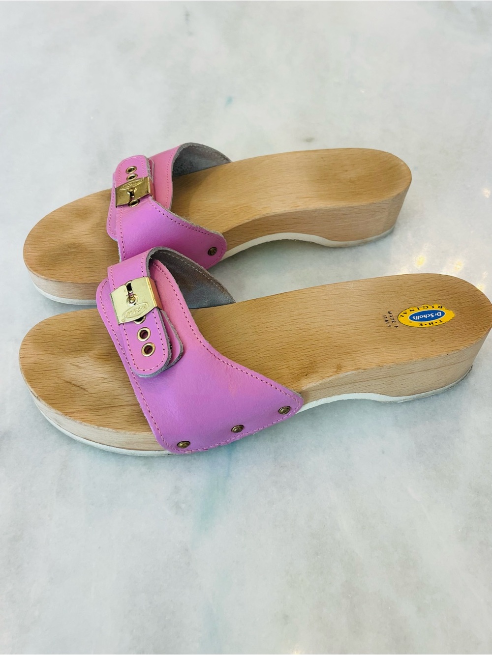 Vintage Dr. Scholl's Original Wood Exercise Pink Leather Slide Sandals Size 8 - Picture 4 of 8